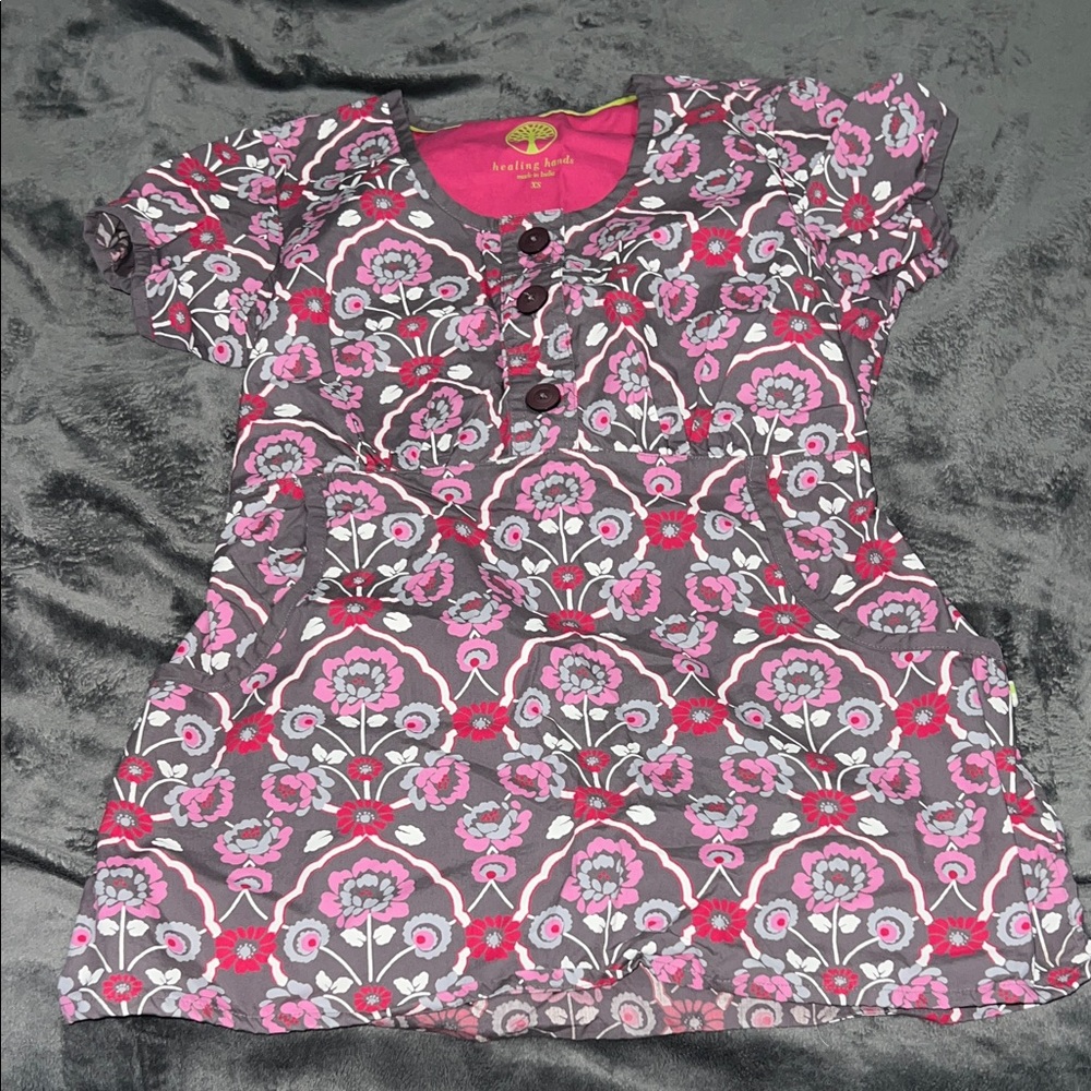 Healing Hands Pink and Gray Floral Button Top